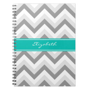 Lt Grijs Med Grijs Wit Chevron Teal Naam Monogram Notitieboek