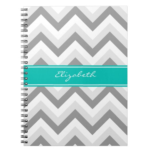 Lt Grijs Med Grijs Wit Chevron Teal Naam Monogram Notitieboek (Voorkant)