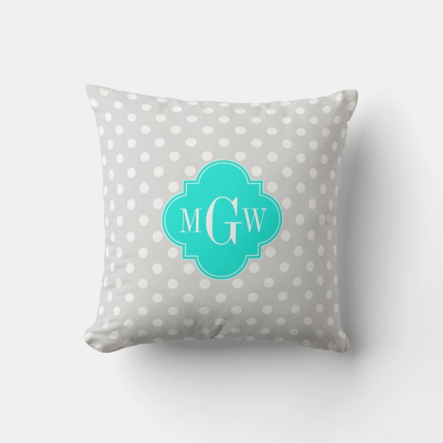 Lt Grijs Stippen Brt Aqua Vierblad 3 Monogram Kussen (Voorkant)