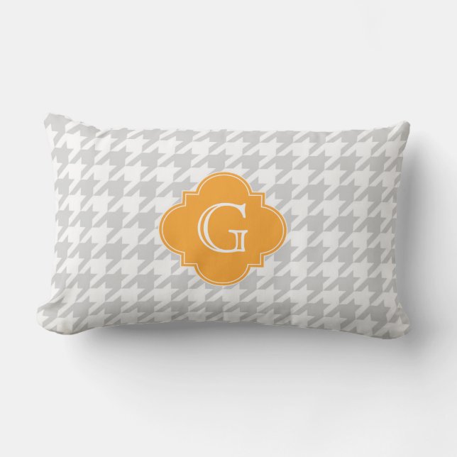 LT Grijs Wat Houndstooth Cantaloupe Monogram Label Kussen (Voorkant)