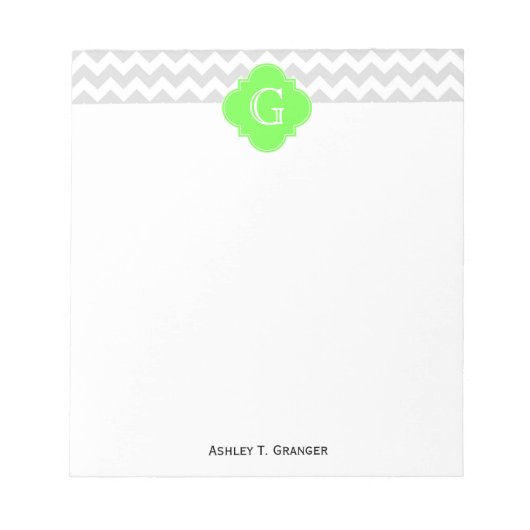Lt Grijs Wht Chevron ZigZag Lime Vierblad Monogram Notitieblok (Voorkant)