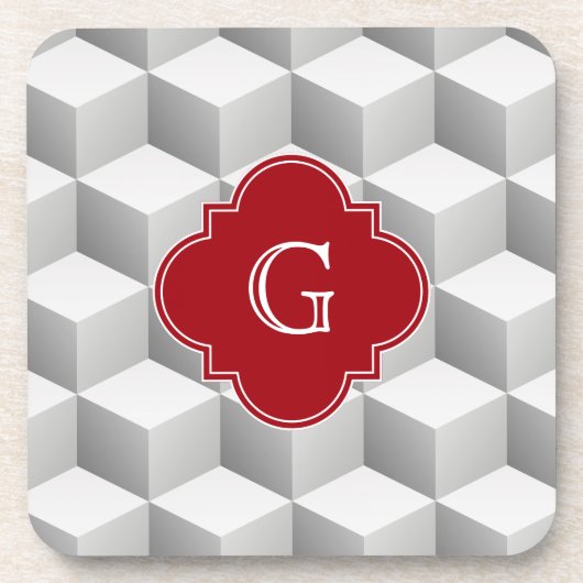 LT Grijs Wit 3D Look Cubes Cranberry Monogram Onderzetter (Voorkant)