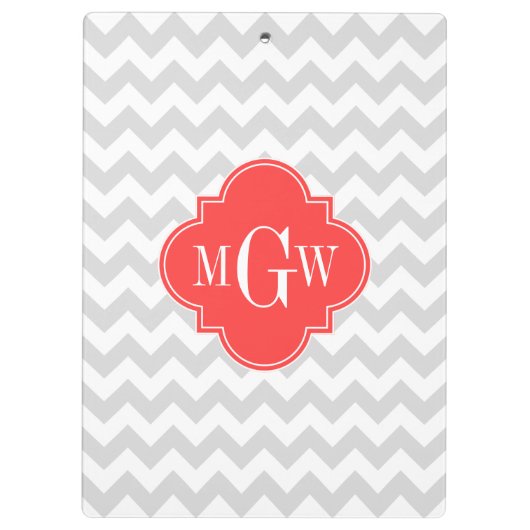 LT Grijs Wit Chevron Koraal Quatrefoil Monogram Klembord (Achterkant)