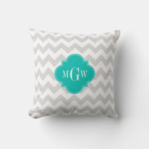 Lt Grijs Wit Chevron Teal Vierblad 3 Monogram Kussen