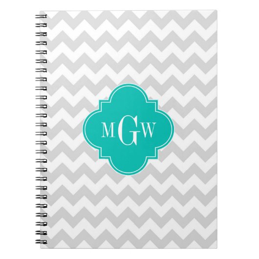 Lt Grijs Wit Chevron Teal Vierblad 3 Monogram Notitieboek (Voorkant)