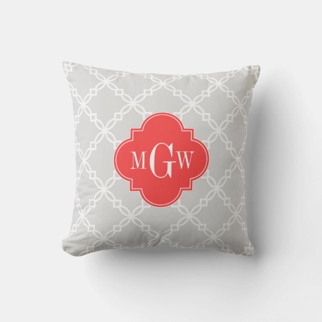 LT Grijs Wit Fancy Quatrefoil 3 Initiaal Monogram Kussen (Voorkant)