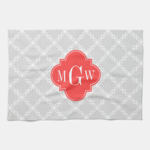 LT Grijs Wit Fancy Quatrefoil 3 Initiaal Monogram Theedoek