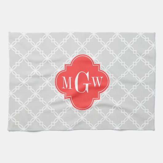 LT Grijs Wit Fancy Quatrefoil 3 Initiaal Monogram Theedoek (Horizontaal)