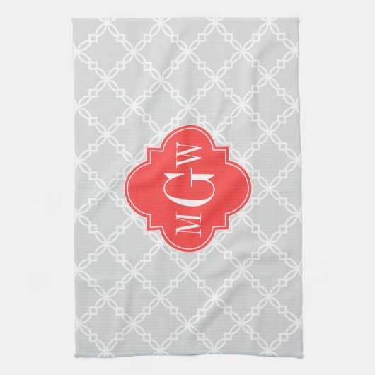 LT Grijs Wit Fancy Quatrefoil 3 Initiaal Monogram Theedoek (Verticaal)