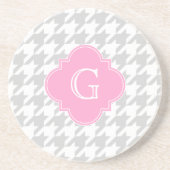 LT Grijs Wit Houndstooth Roze Monogram Label Zandsteen Onderzetter (Voorkant)