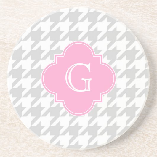 LT Grijs Wit Houndstooth Roze Monogram Label Zandsteen Onderzetter (Voorkant)