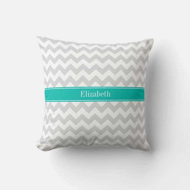 Lt Grijs Witte Chevron Turquoise Naam Initiaalmoza Kussen (Voorkant)