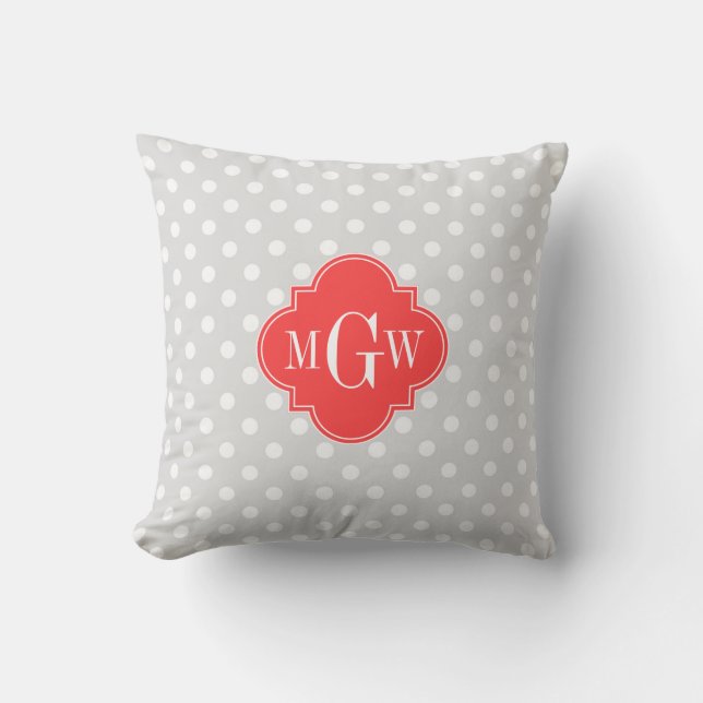 Lt Grijs Witte Stippen Koraal Rood Quatrefoil 3 Mo Kussen (Voorkant)