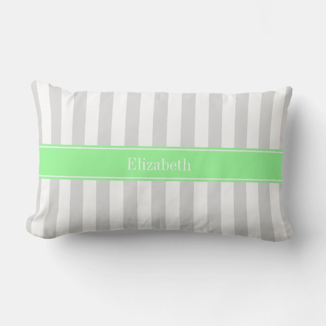 Lt Grijs Witte Streep Mint Groen Naam Monogram Kussen (Voorkant)