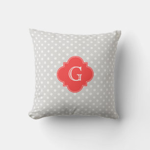 Lt Grijs Wt Stip Koraal Rood Quatrefoil Monogram Kussen