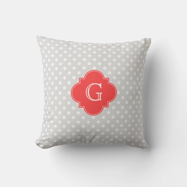 Lt Grijs Wt Stip Koraal Rood Quatrefoil Monogram Kussen (Voorkant)