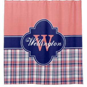 Lt Koraal Navyblauw Madras geruit 1ICB lintnaam Douchegordijn