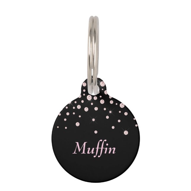 Lt roze naam & Lt roze diamanten op zwart Huisdierpenning (Voorkant)