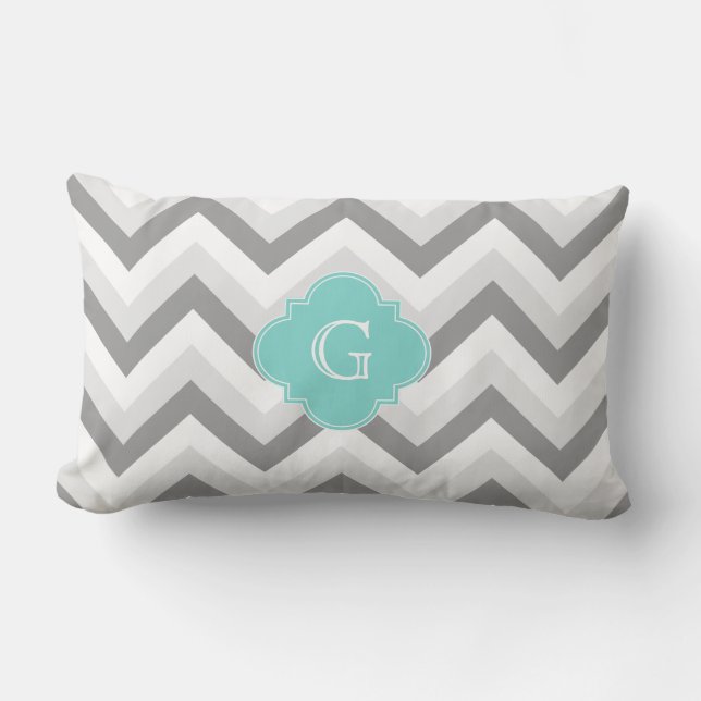 Lt Twee Grijs Witte Chevron Aqua Monogram Kussen (Voorkant)