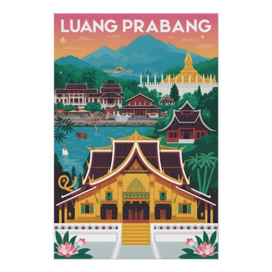 Luang Prabang Laos Retro Reisposter Kunst Perfect Poster (Voorkant)
