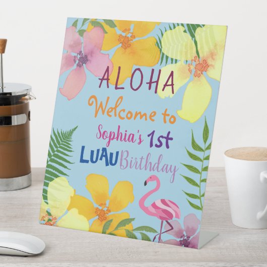 Luau 1st verjaardag reclamebord met voetstuk (Insitu)