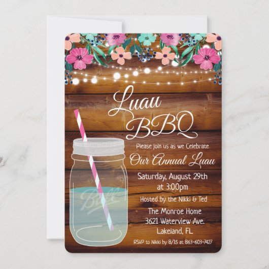 Luau Aloha BBQ Mason Jar Invitation Kaart (Voorkant)