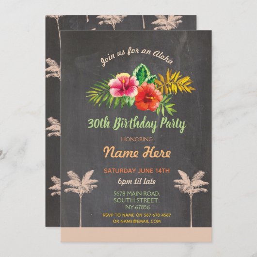 Luau Aloha Chalk Verjaardagsfeest Tropische uitnod Kaart (Voorkant / Achterkant)