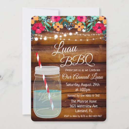 Luau Aloha Mason Jar Invitation Kaart (Voorkant)