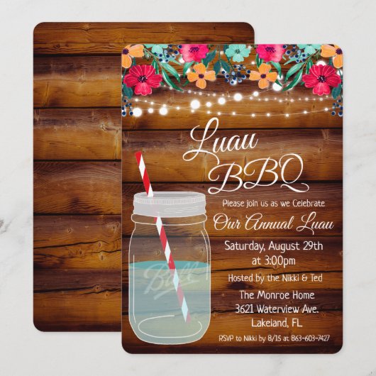 Luau Aloha Mason Jar Uitnodiging (Voorkant / Achterkant)