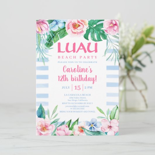 Luau Beach Party Tropische Floral Hawaiian Birthda Kaart (Staand voorkant)