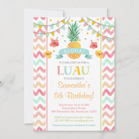 Luau Birthday Invitation, Pineapple Invitation Kaart (Voorkant)