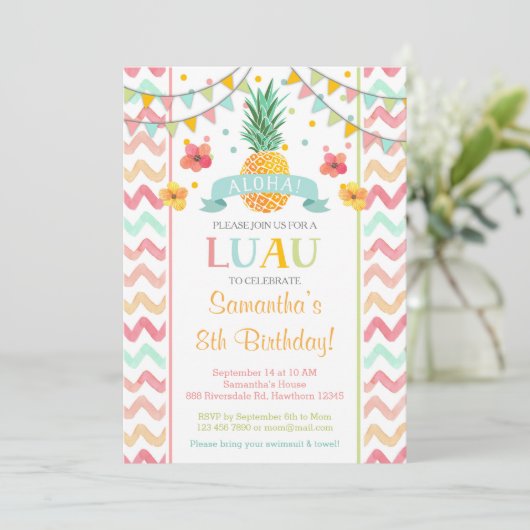 Luau Birthday Invitation, Pineapple Invitation Kaart (Staand voorkant)