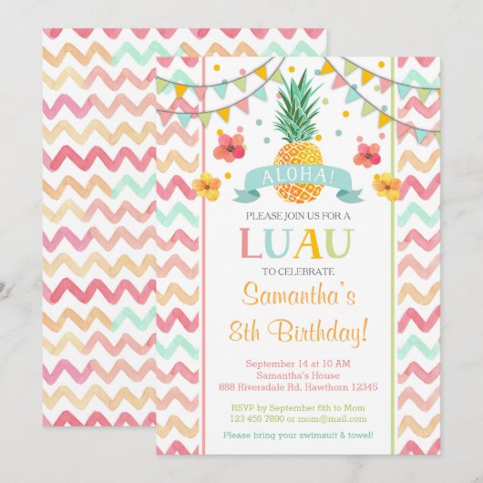 Luau Birthday Invitation, Pineapple Invitation Kaart (Voorkant / Achterkant)