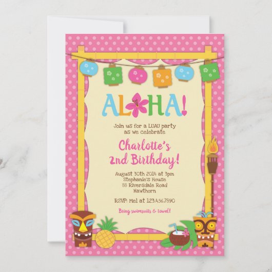 Luau Birthday Invitation, Pool Birthday Party Kaart (Voorkant)