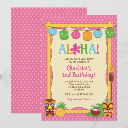 Luau Birthday Invitation, Pool Birthday Party Kaart (Voorkant / Achterkant)