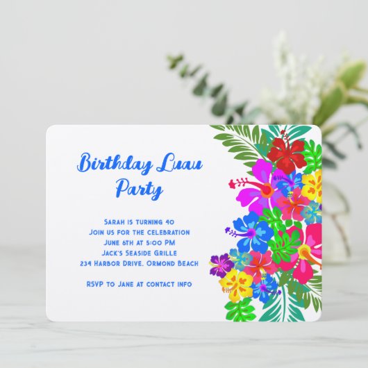 Luau Birthday Party Paars Hibiscus Swag Kaart (Staand voorkant)