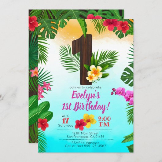Luau Birthday, Uitnodiging Luau Partij 1ste verjaa (Voorkant / Achterkant)