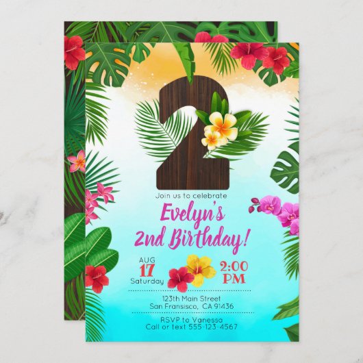 Luau Birthday, Uitnodiging Luau Partij 2e verjaard (Voorkant / Achterkant)