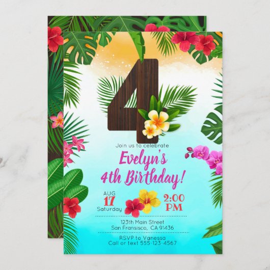 Luau Birthday, Uitnodiging Luau Partij 4e verjaard (Voorkant / Achterkant)
