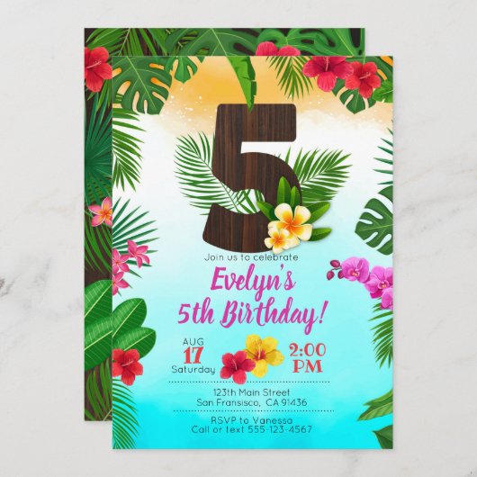 Luau Birthday, Uitnodiging Luau Partij 5e verjaard (Voorkant / Achterkant)