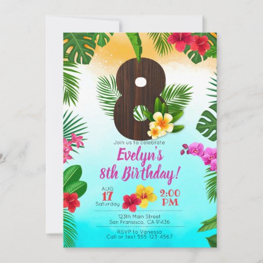 Luau Birthday, Uitnodiging Luau Partij 8e verjaard (Voorkant)