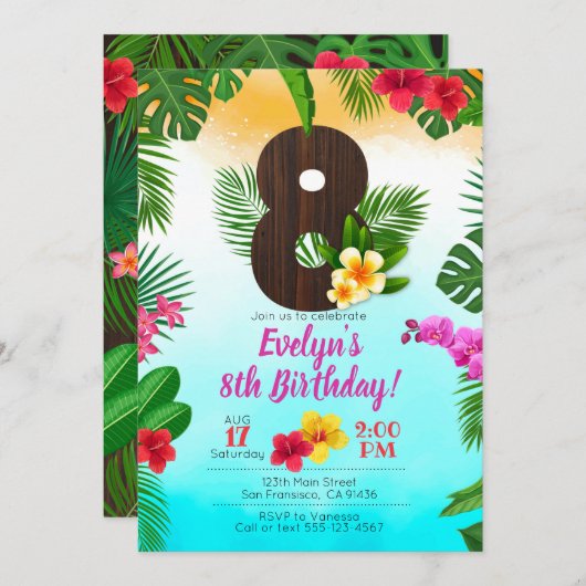 Luau Birthday, Uitnodiging Luau Partij 8e verjaard (Voorkant / Achterkant)