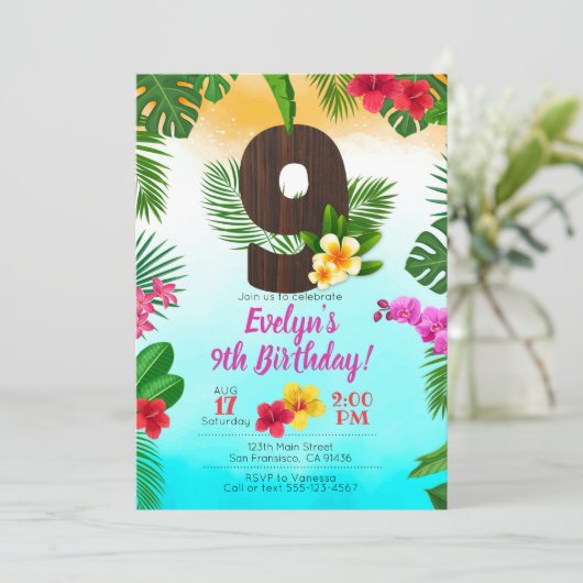 Luau Birthday, uitnodiging Luau Party 9th Birthday (Staand voorkant)