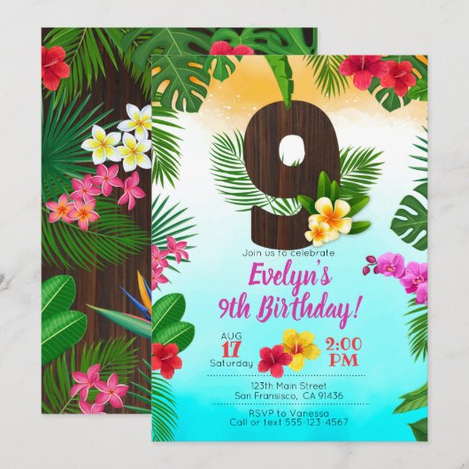 Luau Birthday, uitnodiging Luau Party 9th Birthday (Voorkant / Achterkant)