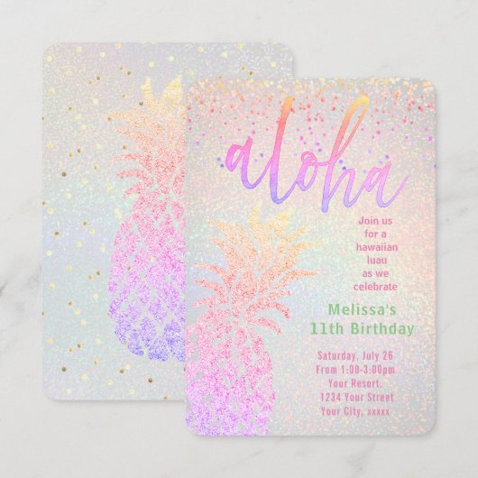 luau faux colorful glitter pineappelverjaard kaart (Voorkant / Achterkant)