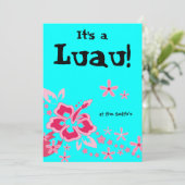 Luau-feest uitnodiging hibiscus bloem roze blauw 2 (Staand voorkant)