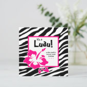 Luau-feest uitnodiging Hibiscus Zebra Roze Zwart (Staand voorkant)