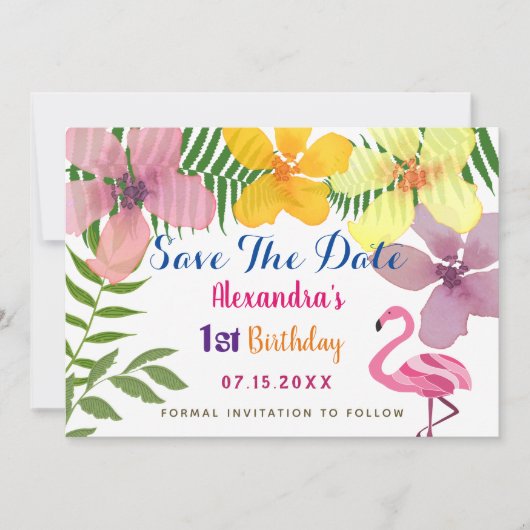 Luau Flamingo 1e verjaardag Save The Date (Voorkant)