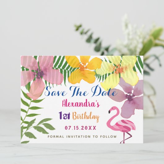 Luau Flamingo 1e verjaardag Save The Date (Staand voorkant)