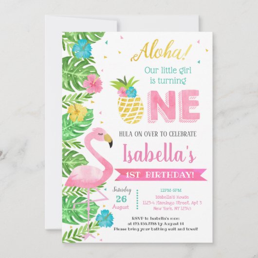  Luau Flamingo Tropical 1st Birthday Invitations Kaart (Voorkant)